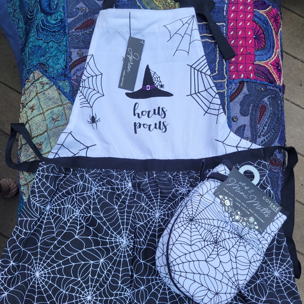 Set of Hocus Pocus apron and spiderweb mitts